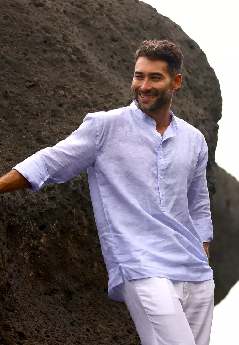 Paphos Kemeja Linen Lengan Panjang Pria Biru | Linen Long Sleeve Shirt Men Blue