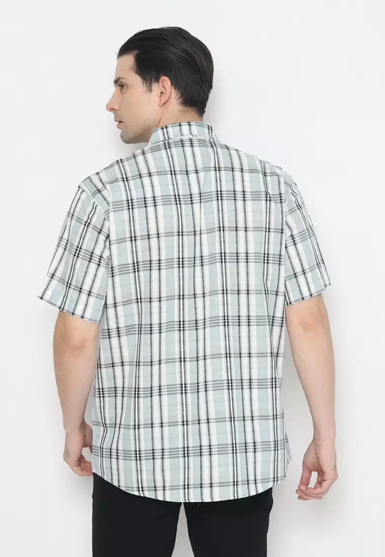 POLICE Kemeja Kotak Cotton Slub Abu Regular Fit Pria