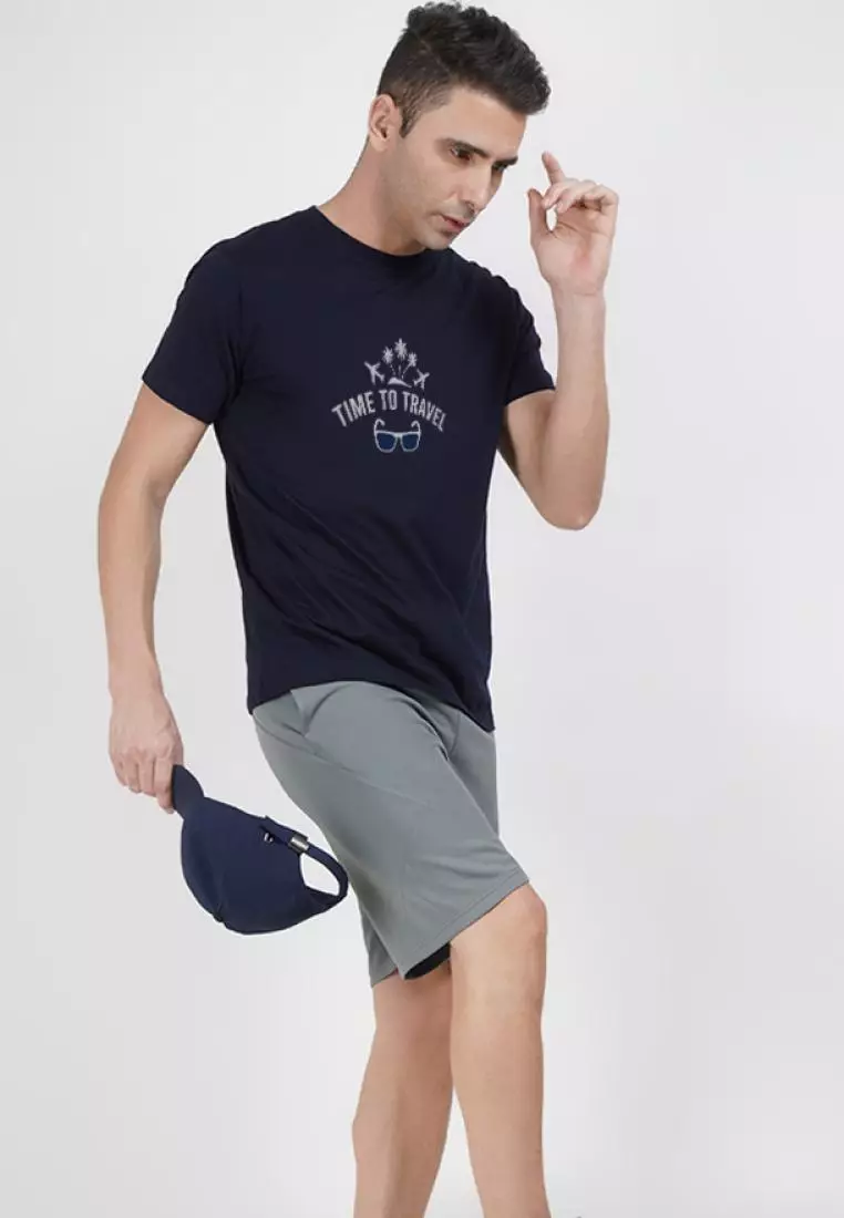 Time To Travel Graphic Navy Blue Cotton Short Sleeve Regular Fit T-Shirt