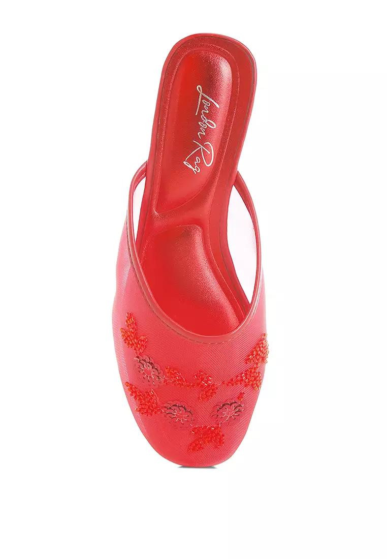 Mesh Sequin Beaded Mules In Red