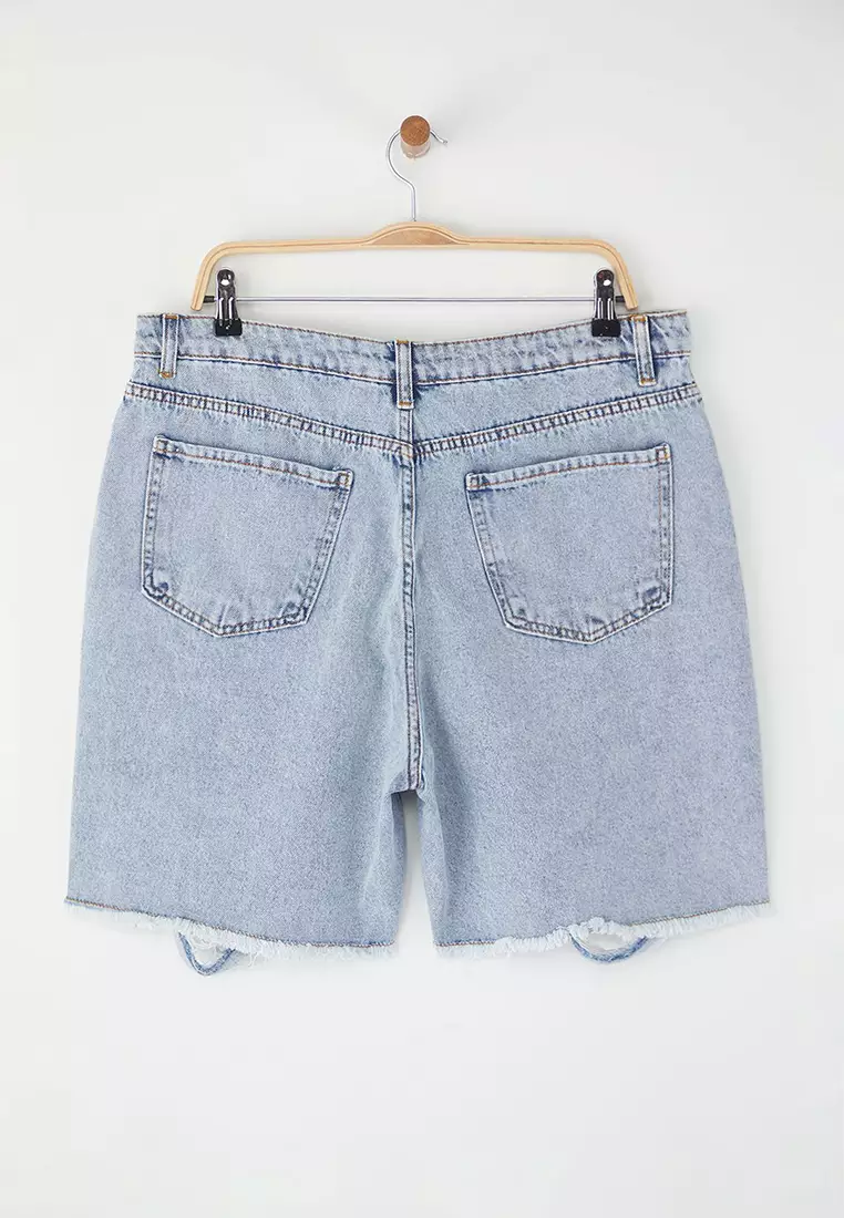 Blue Ripped High Waist Plus Size Denim Shorts TBBSS25AP00034