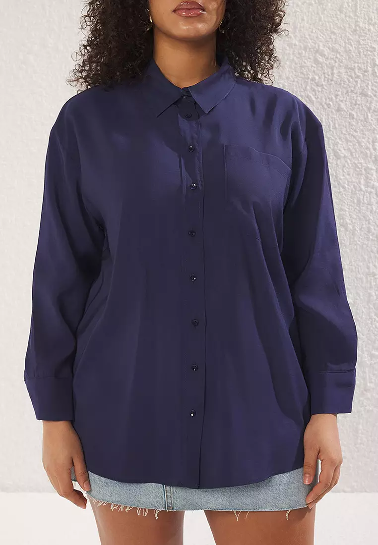 Navy Blue Tencel Soft Touch Woven Plus Size Shirt TBBSS25AX00004