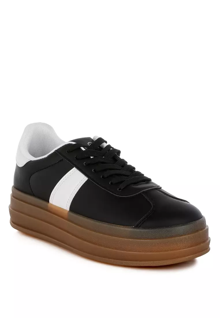 Faux Leather Lace-Up Sneakers in Black