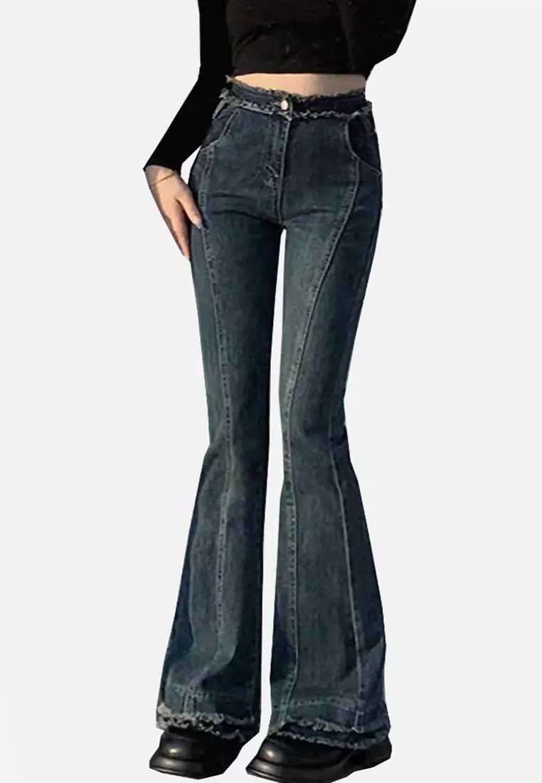 Women Blue Front Flap Pocket Stretch Flared Jeans