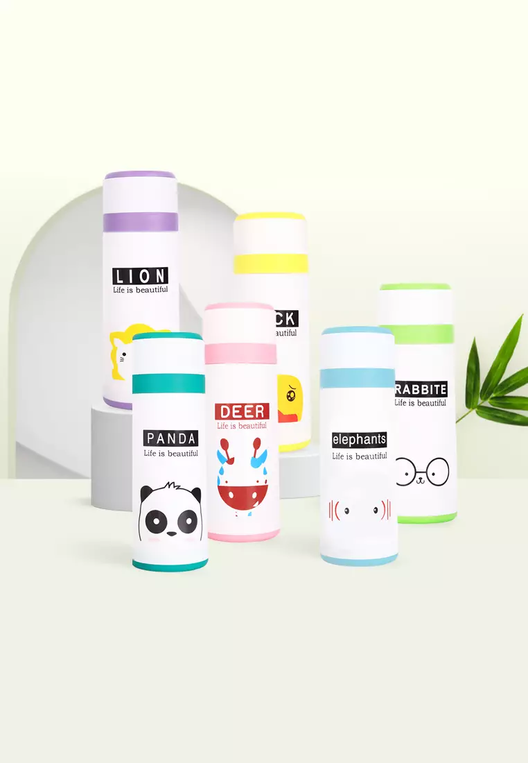 Wakakids Botol Minum Anak Kaca Motif Animal Putih 380ml Venhs Biru Muda