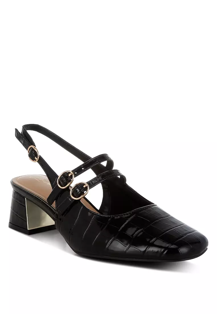 Block Heel Croco Slingback Sandals in Black