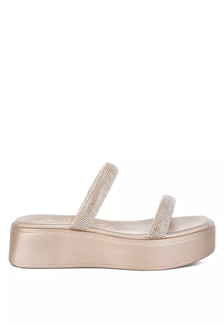 Discount on London Rag  shoes - SKU: Chunky Rhinestone Platform Sandals In Rose Gold