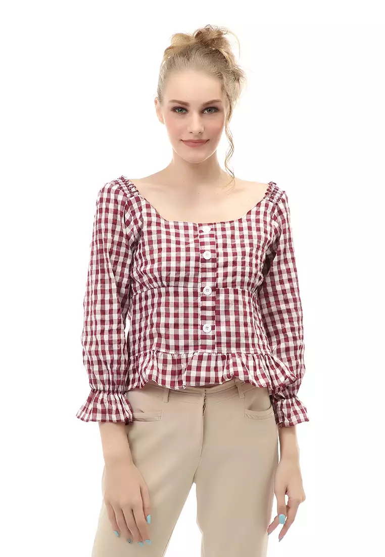 Cheva Top Blouse Atasan Wanita Kasual Motif Kotak Material Cotton ORIGINAL - Maroon