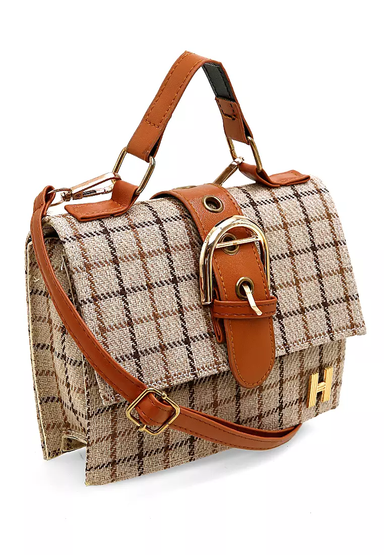 Werlyn Tas Selempang Wanita Tartan Casual Large Storage Material Canvas ORIGINAL - Cream