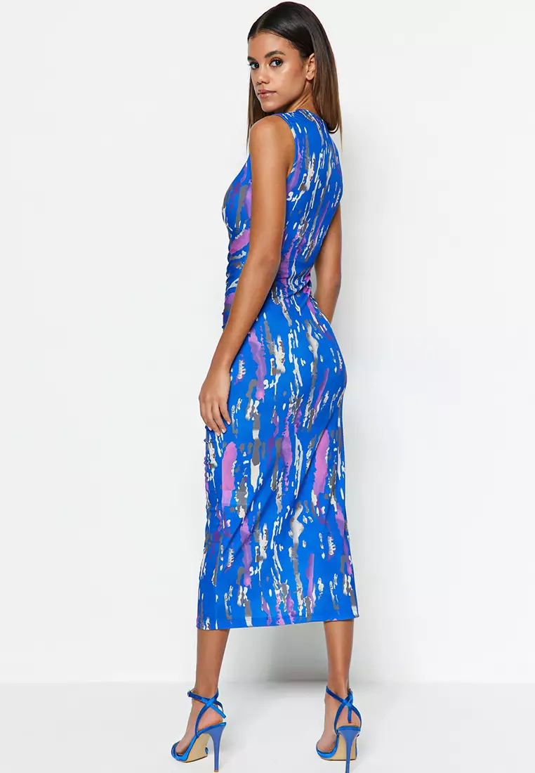 Printed Knitted Midi Dress with Shirring