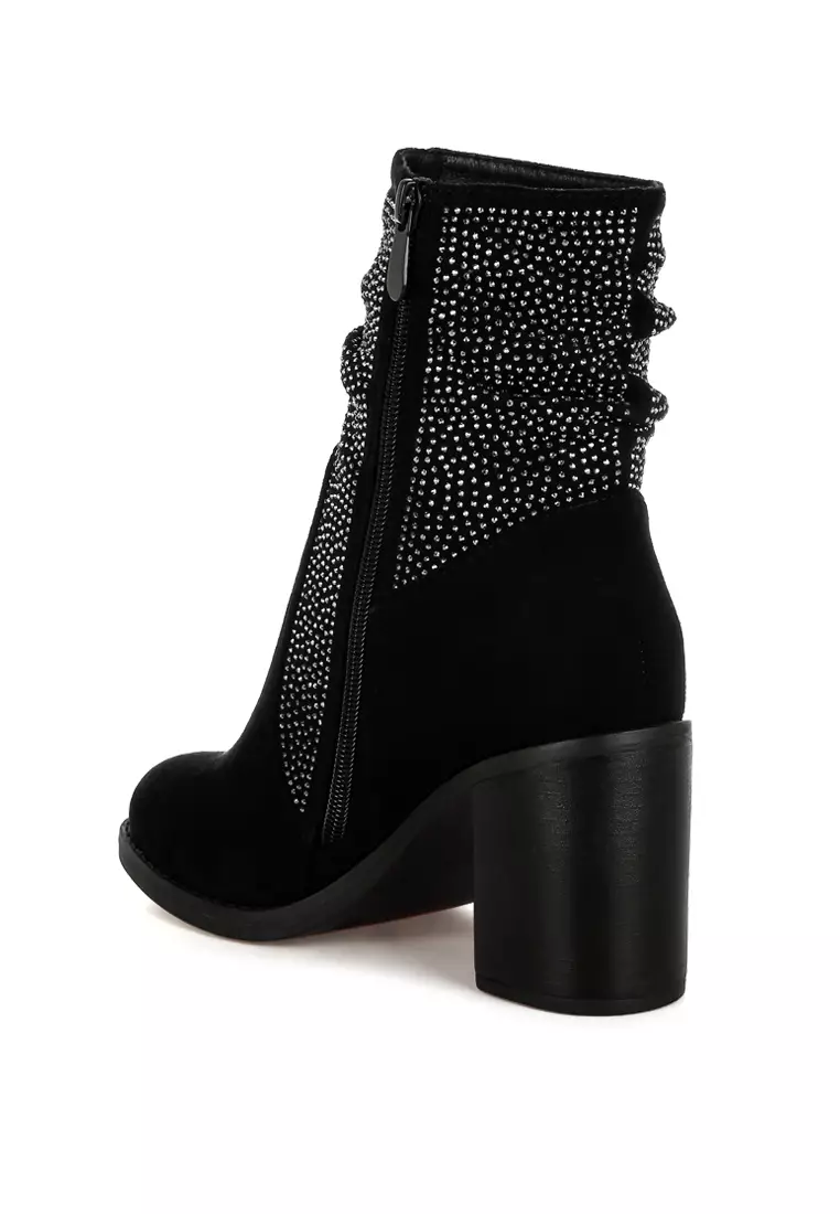 Rhinestone Studded Slouchy Ankle Boots In Black