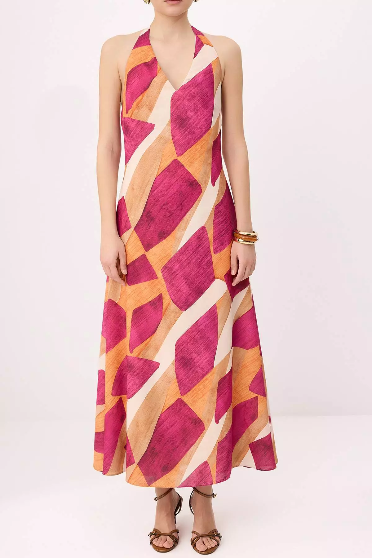 Multi Color Geometric Patterned V-Neck Maxi Woven Dress Twoss26El319
