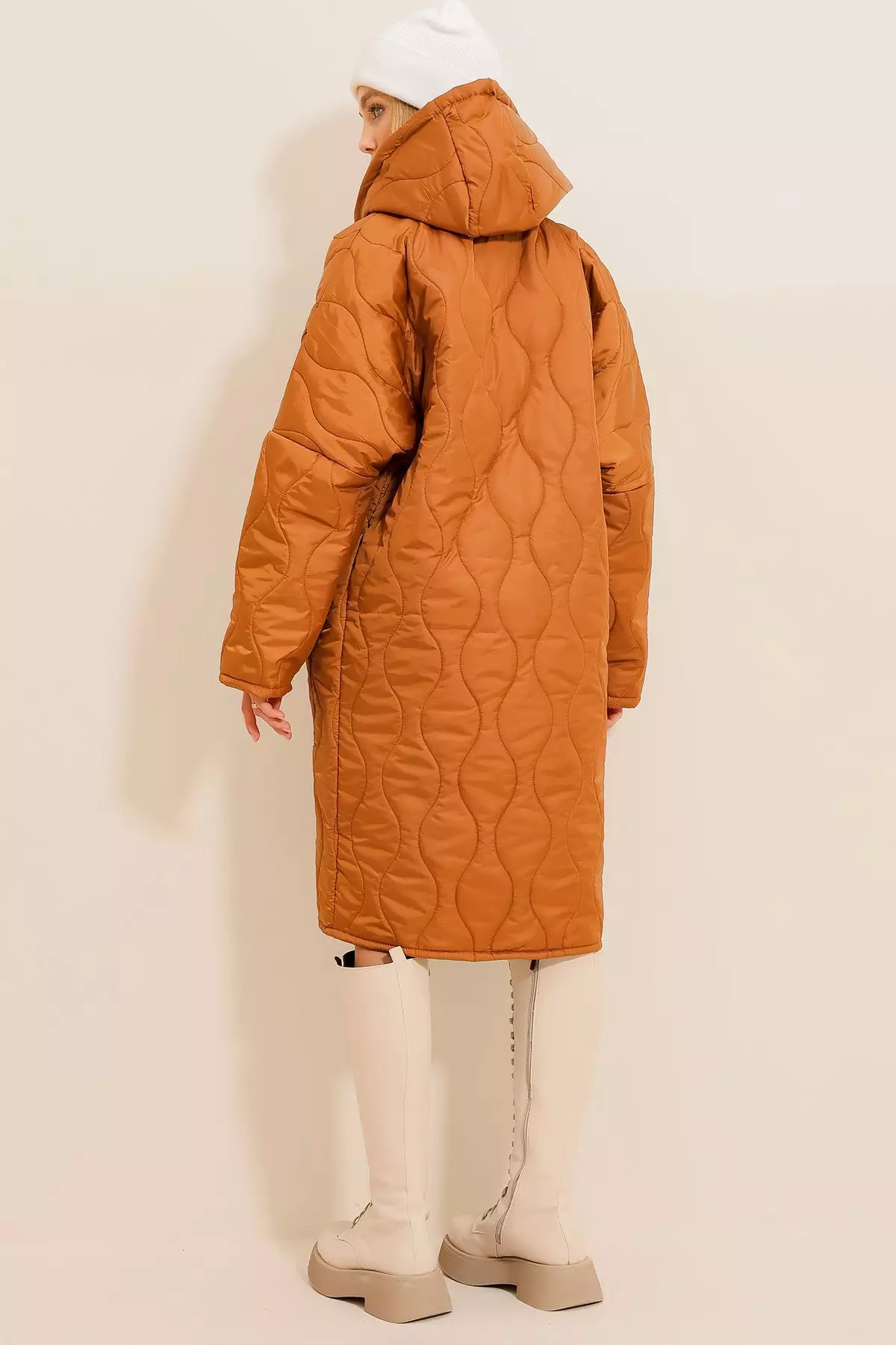 Women's Camel Double Pockets Front Double Zipper Hooded Long Puffer Coat