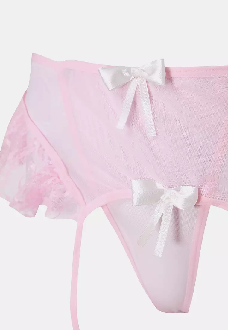 Pink Ribbon Detailed Leg Banded Ruffle Capless Lace Fancy Lingerie Set Thmaw26Bd4