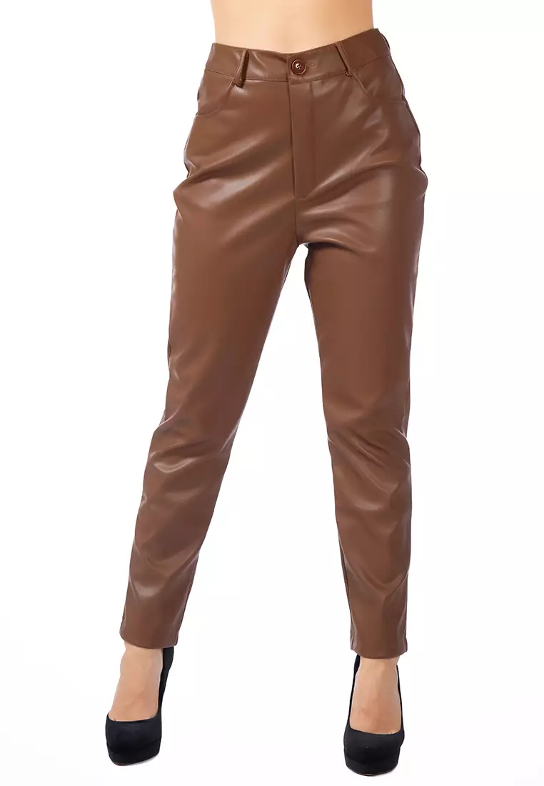 Chocolate Faux Leather Straight Fall Trousers