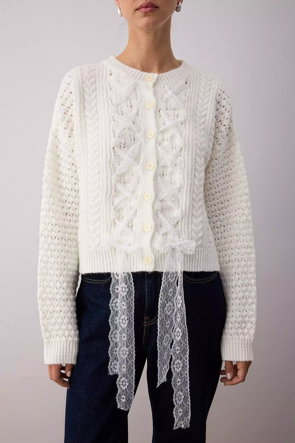 Ecru Crop Wide Pattern Hair Knit Lace Garnish Detailed Soft Textured Knitwear Cardigan