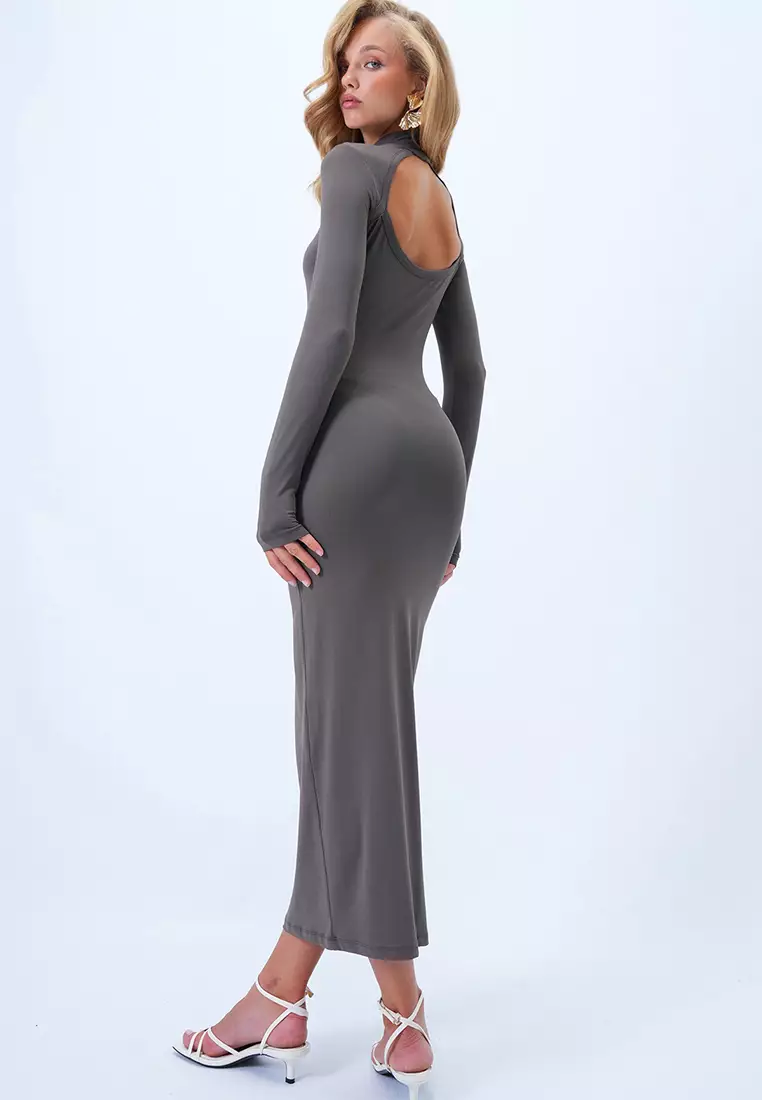 Stand Collar Backless Maxi Length Sandy Dress