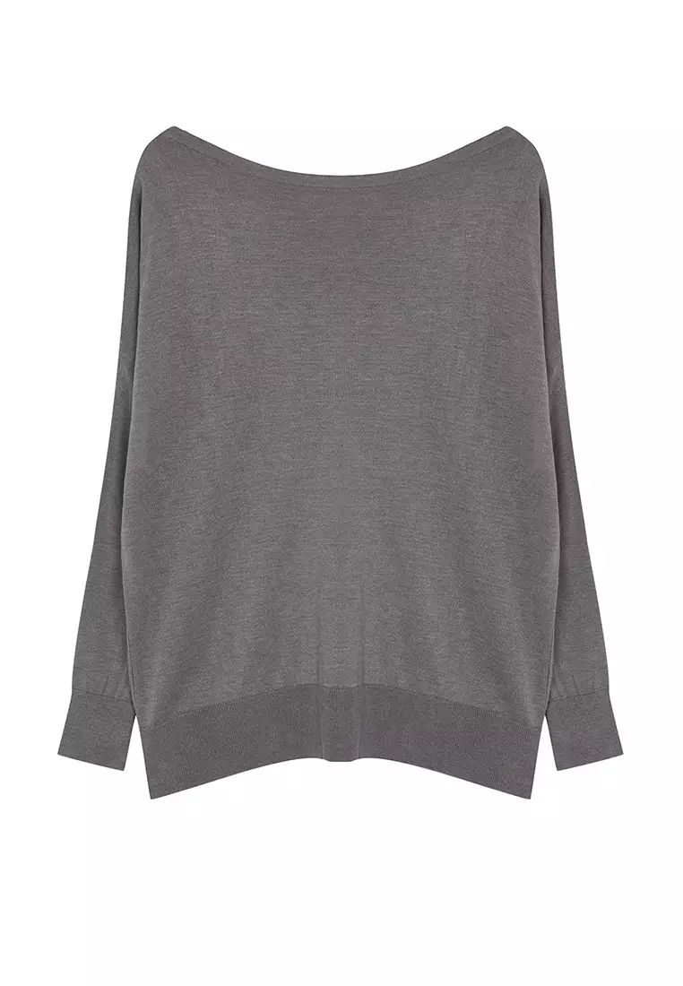 Gray Boat Neck Knit Sweater Tbbaw24An00041