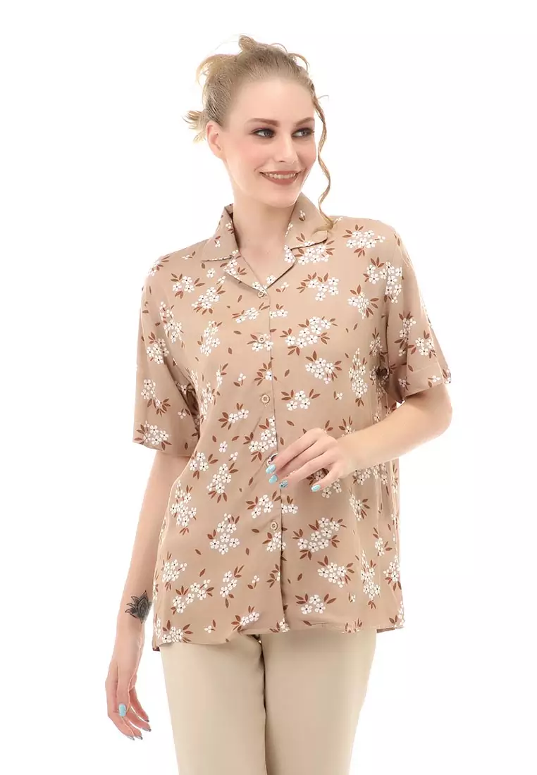 Holly Kemeja Atasan Kasual Wanita Lengan Pendek Motif Flower3 Material Rayon ORIGINAL - Brown