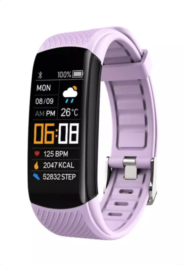 Unisex IOS/Android IP Black Waterproof Fitness SmartWatch, Heart Rate Monitoring, Weather, Clock, with Pastel Purple Rubber Strap
