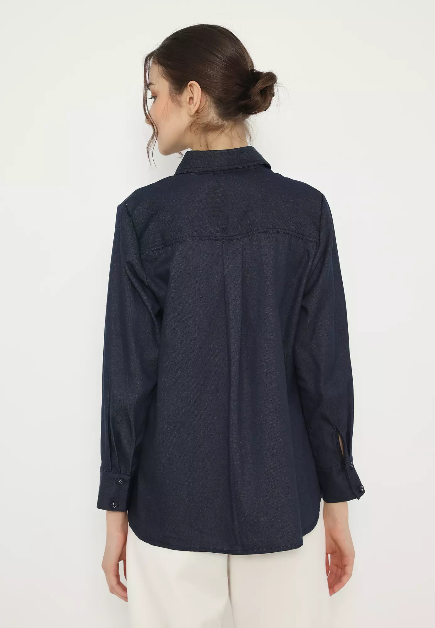 Denim Shirt With Embroidery In Dark Navy By Brilliant Girl Warna NAVY