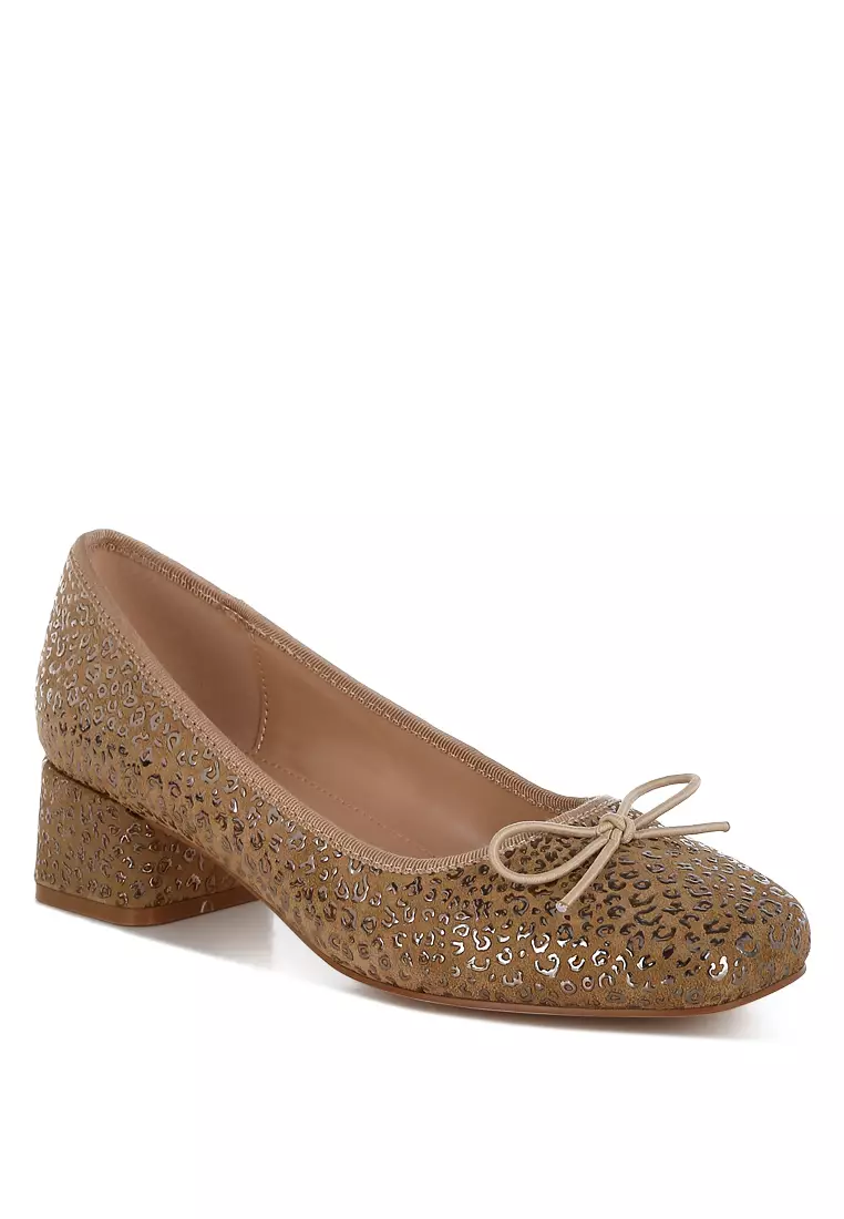 Leopard Print Block Heel Ballerinas in Tan