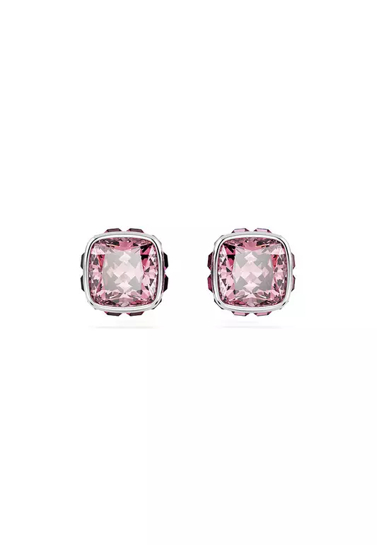 Birthstone Stud Earrings, Square Cut, October, Pink, Rhodium Plated