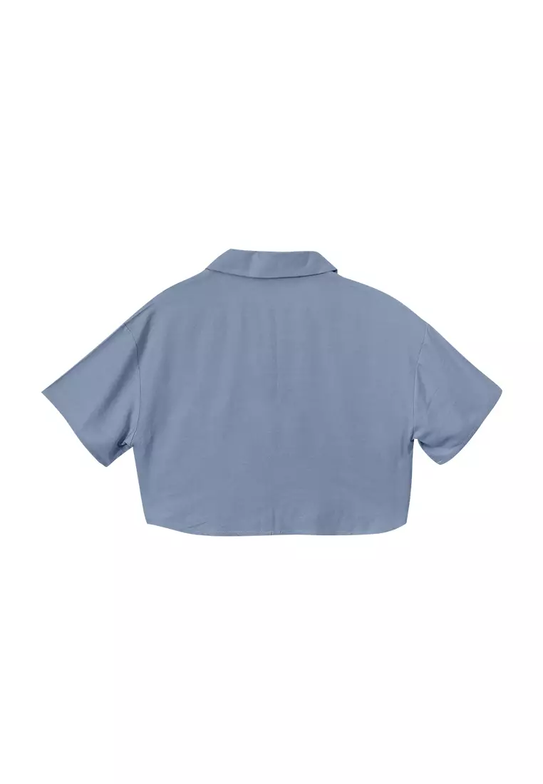Ladies Button-Down Crop Polo - Chambray Blue