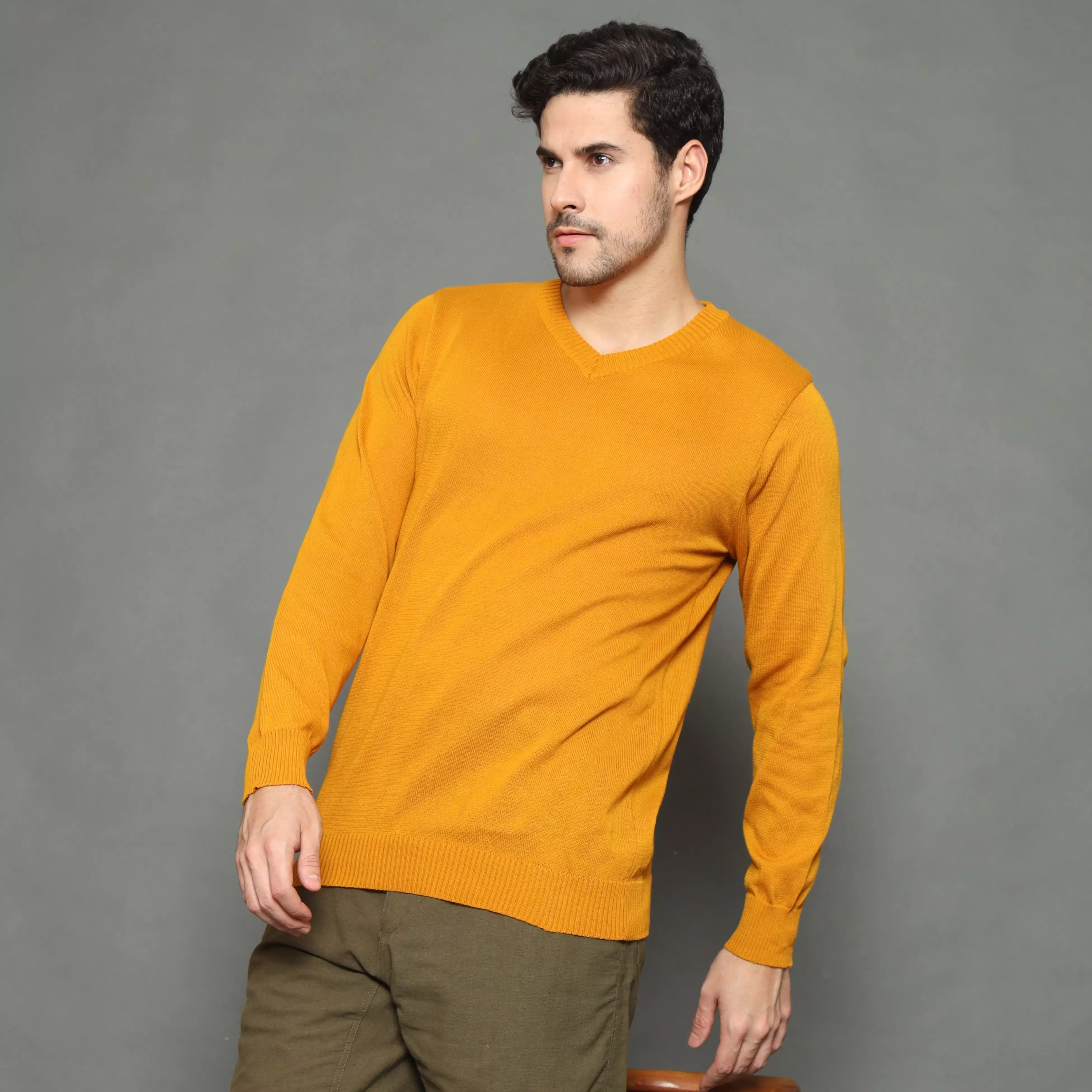  Vleur Knit Outer Pria Korean Style Sweater V Neck - CARAMEL