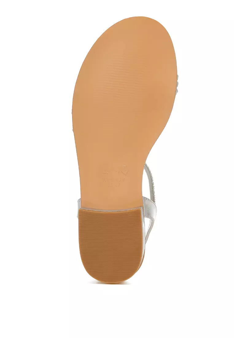 Rhinestone Pearl Detail Flat Sandals in Silver