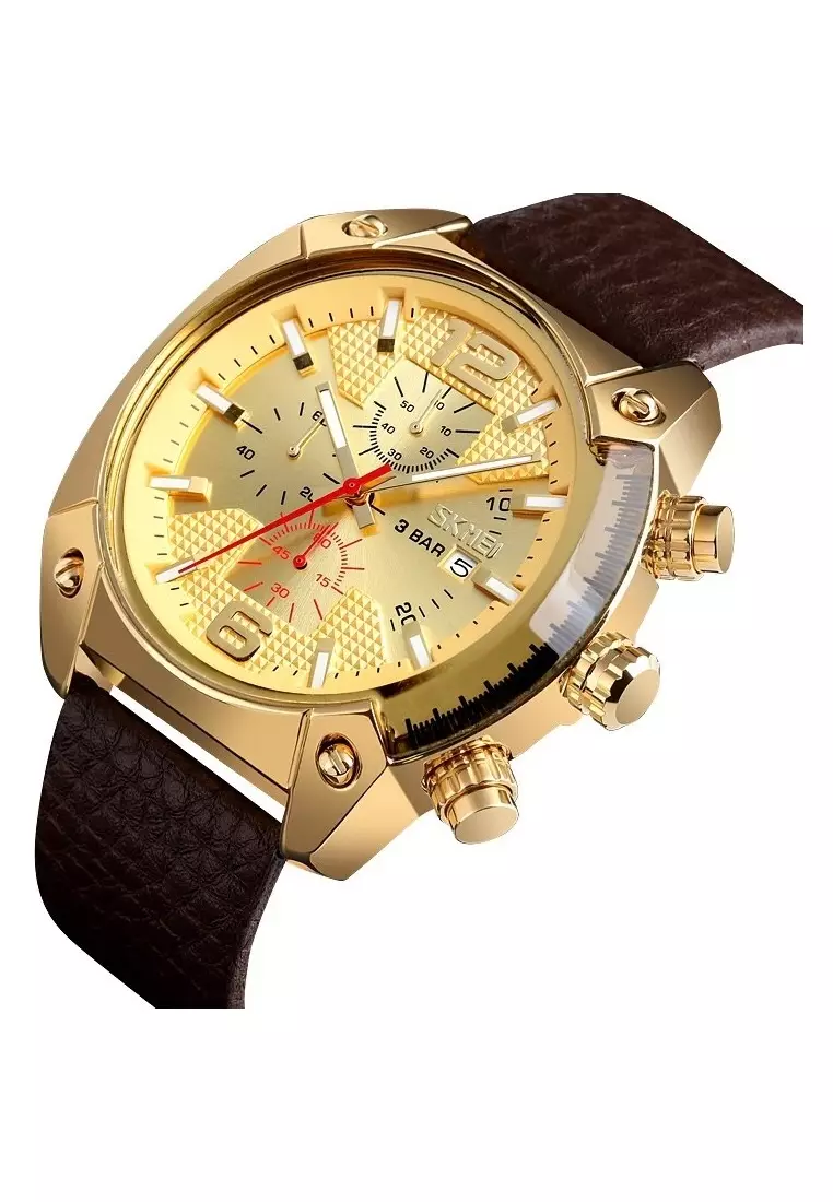 Jam Tangan Casual Analog Chrono Pria Waterproof Strap Tali Material Kulit Leather 9190 ORIGINAL