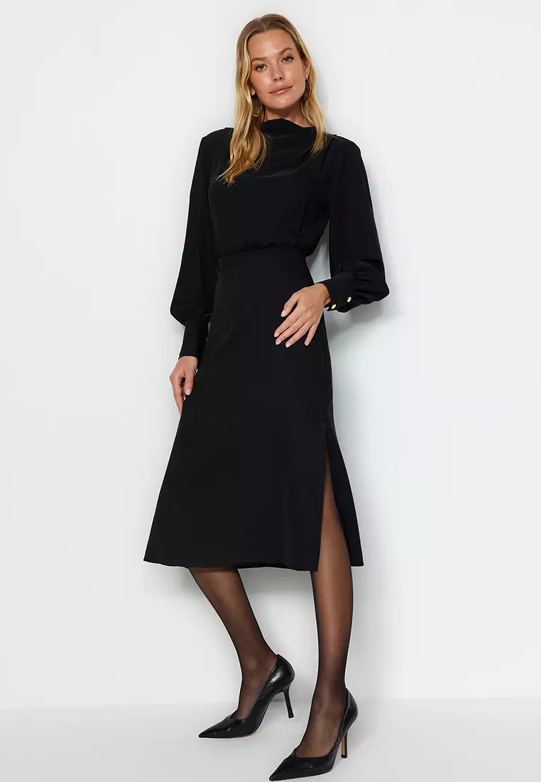 Black Midi Slit Woven Dress