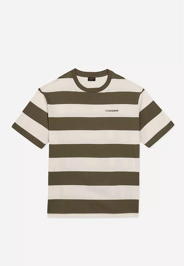 Buy Penshoppe Relaxed Fit Striped T-Shirt with Branding Print 2025