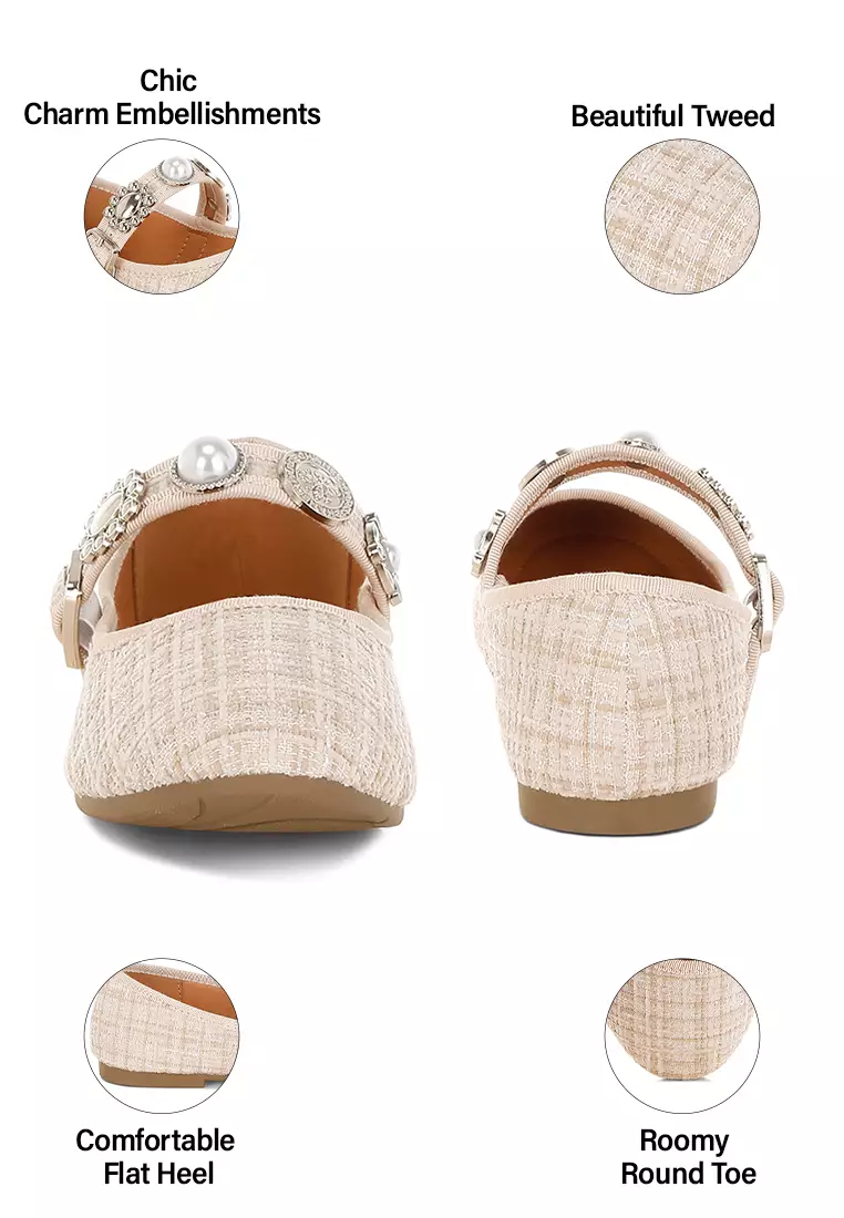 Charms Embellished Tweed Mary Janes In Beige