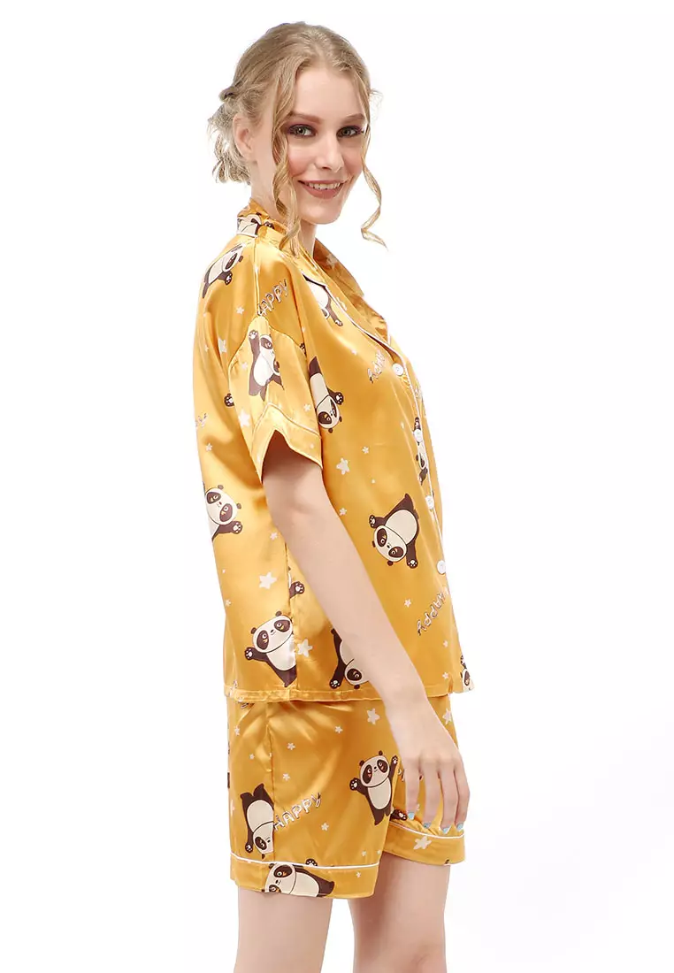 Vance Setelan Baju Tidur Wanita Lengan Pendek Motif Panda Material Satin ORIGINAL - Yellow
