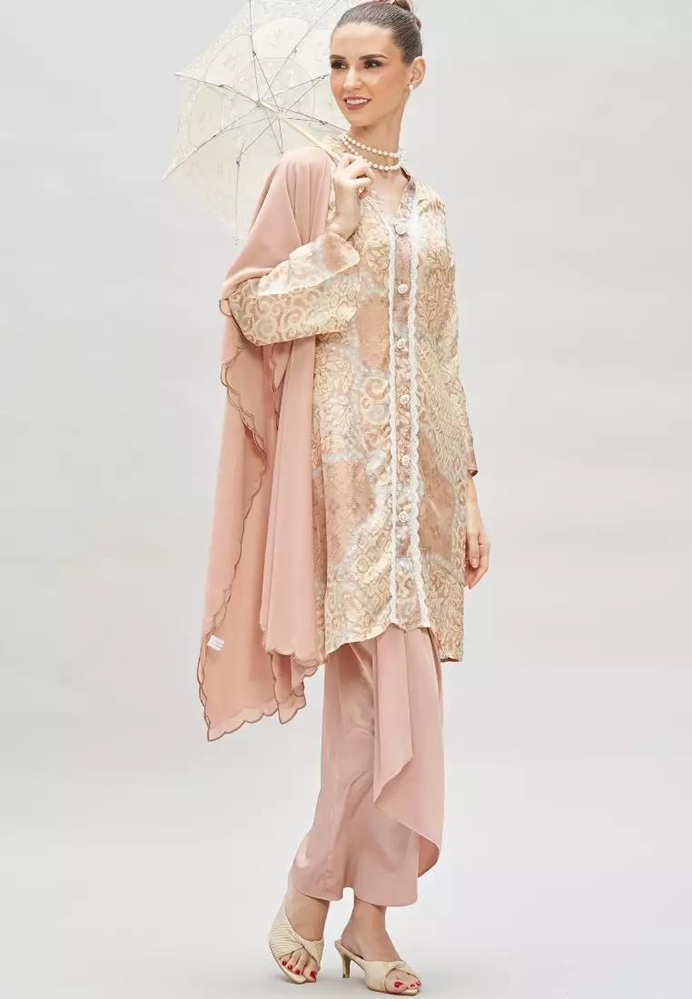 Premium Batik Beige long modern Kebaya & Satin Wrap Skirt