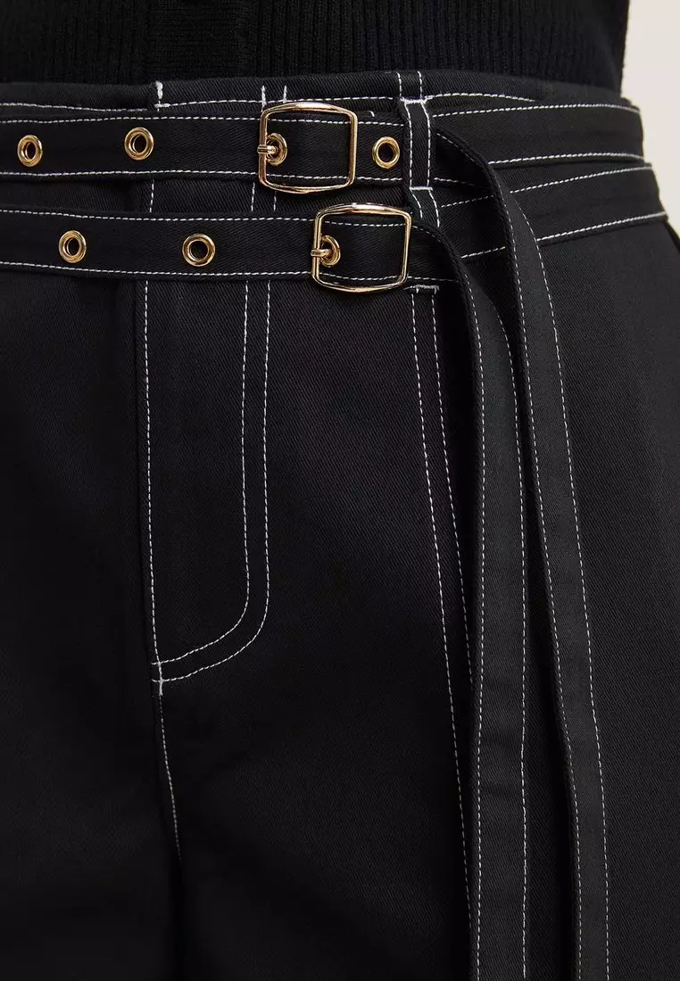 Mid Waist Belted Wide Leg Pants - Black