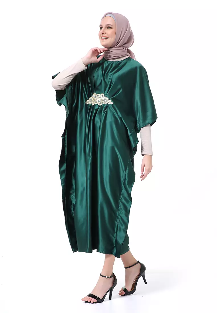 Illona Kaftan Dress Premium Fashion Muslimah Motif Polos Regular Fit - Hijau