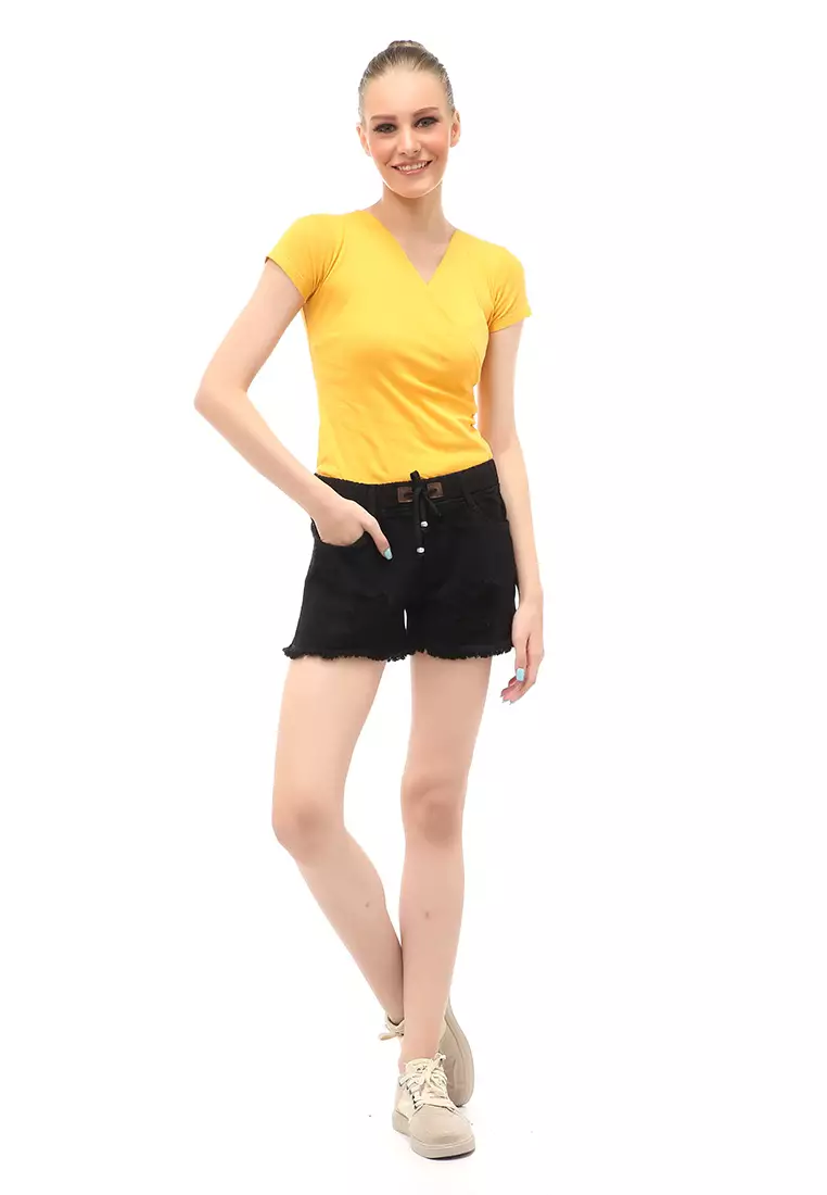 Short Jeans Wanita Aksen Ripped Self Tie Belt Premium Quality - Black