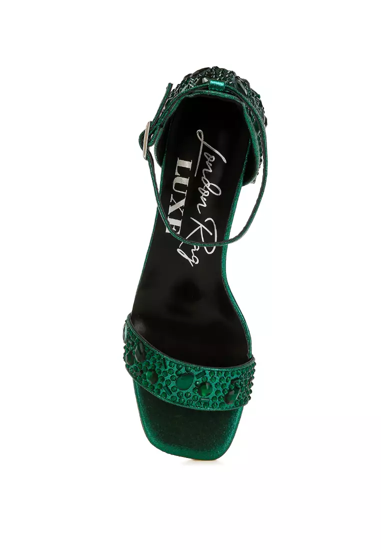 Rhinestone Embellished Shimmer Sandals in Green