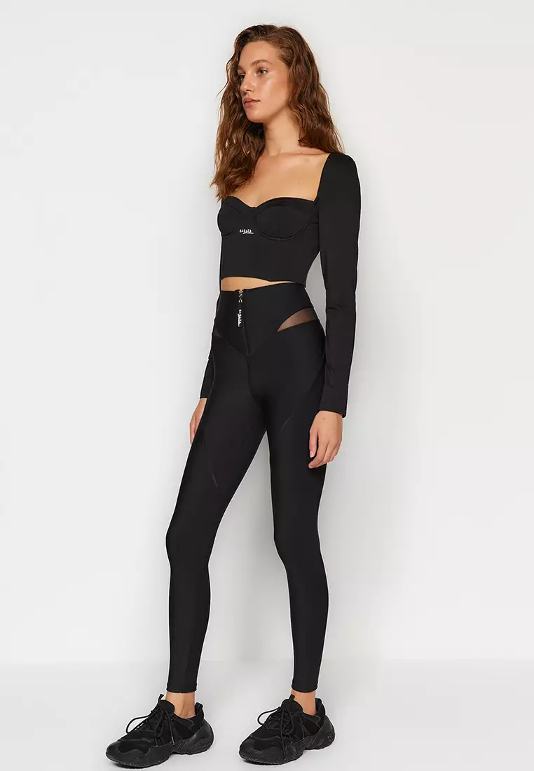 X Sagaza Studio Black Gathering Tulle Detail Full Length Sports Leggings TCLAW24TY00000