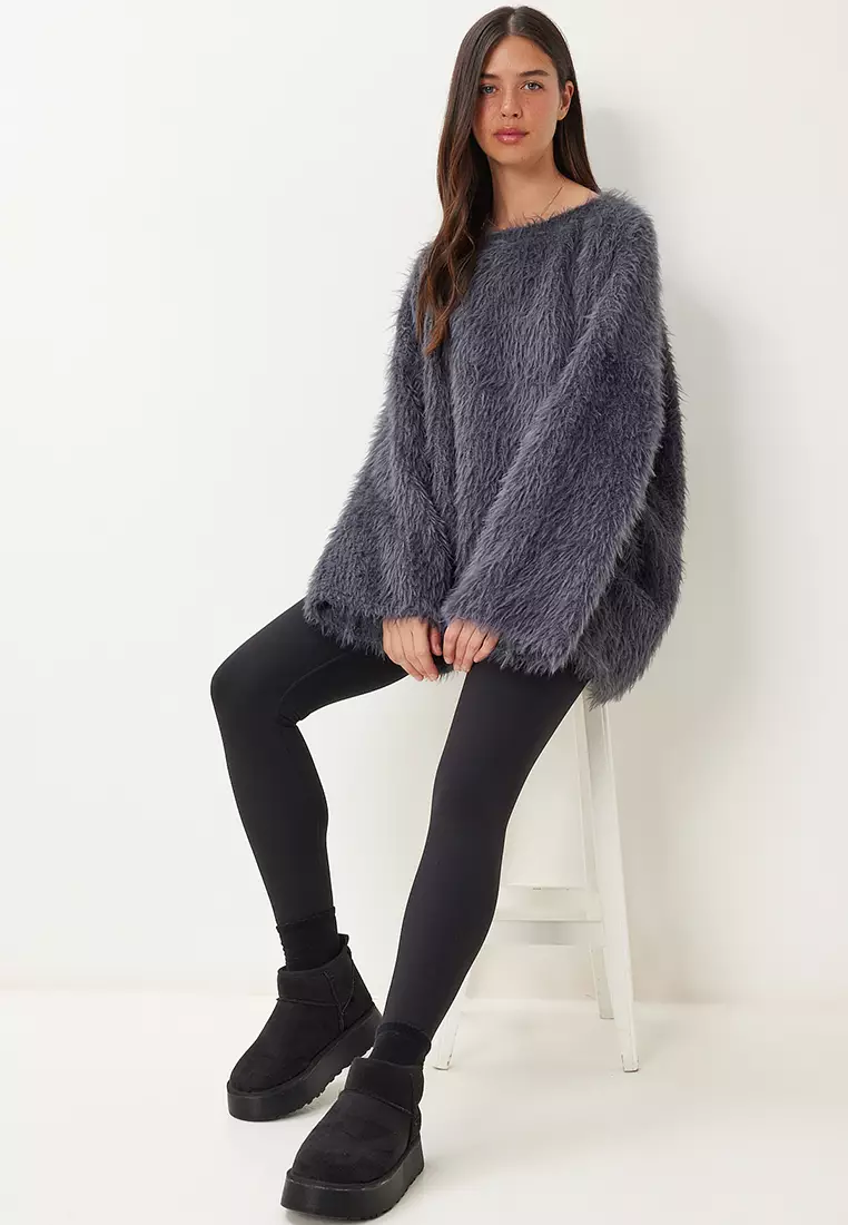 Women's Gray Soft Textured Bearded Knitwear Sweater Ki̇00133