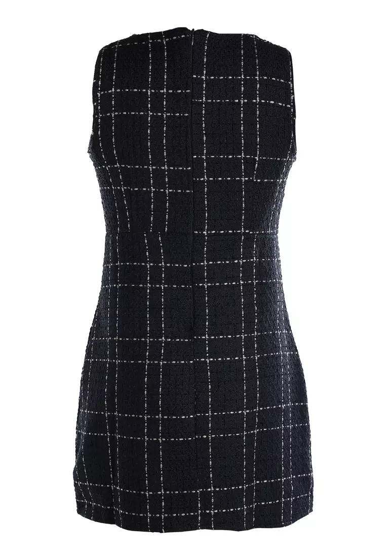 海軍藍無袖梭織有蓋口袋迷你連身裙