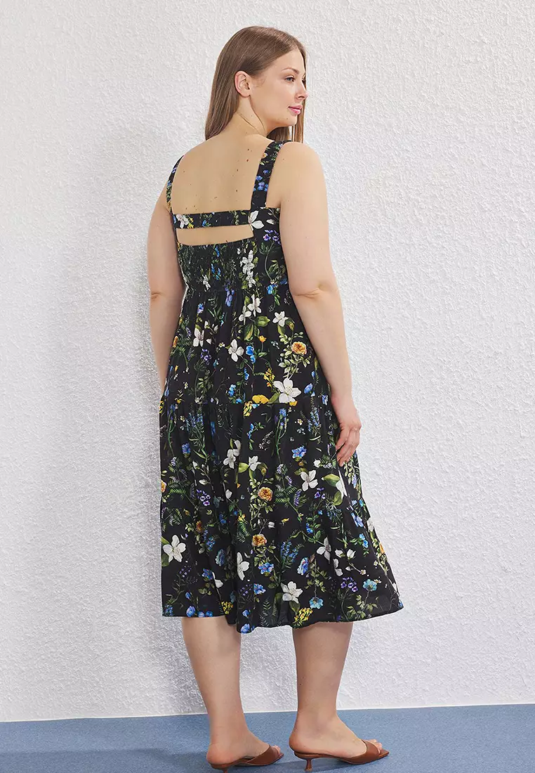 Black Floral Strappy Midi Summer Woven Plus Size Dress Tbbss25Ah00104