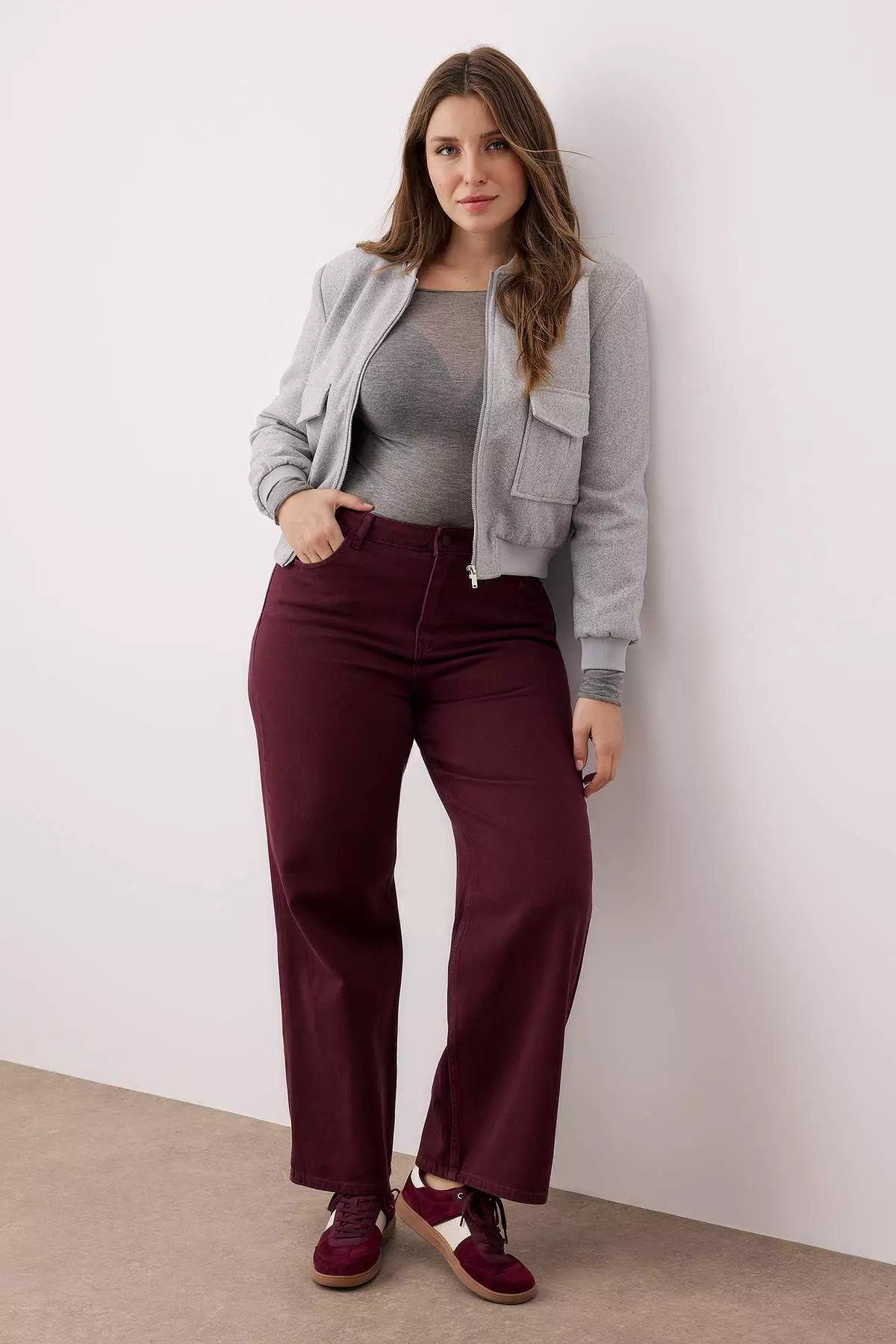 Burgundy High Waist Wide Leg Plus Size Wide Leg Jeans