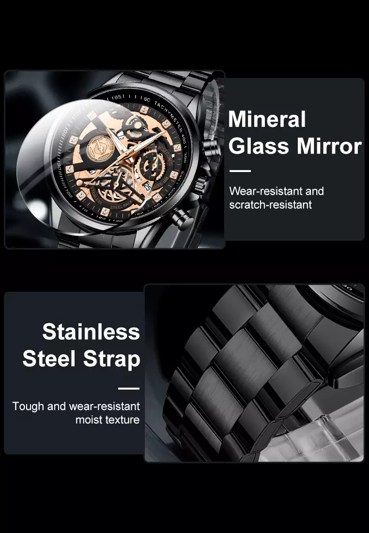 Jam Tangan Pria 3352 Bercahaya Dial Berongga Santai Mode Tali Stainless Steel Kalender Jam Tangan Cowok black