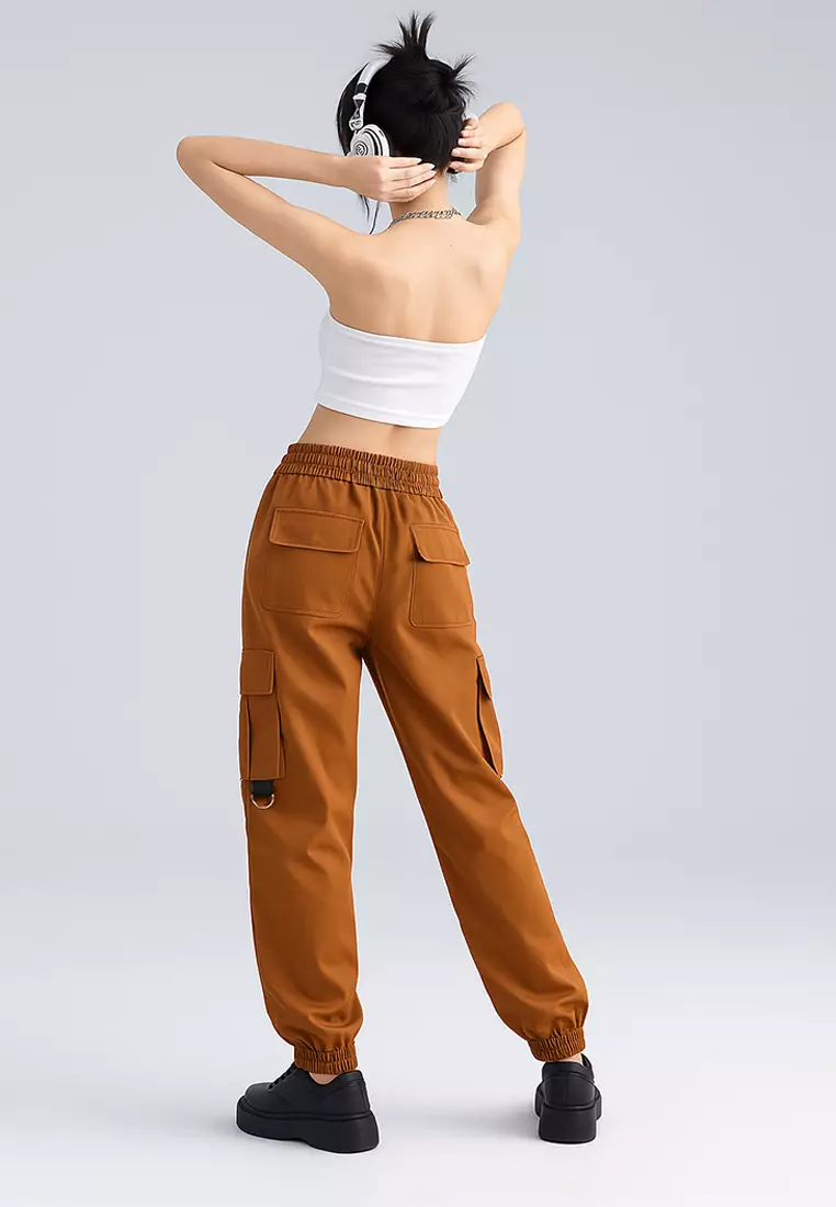 Drawstring Utility Pocket Cargo Pants In Brown