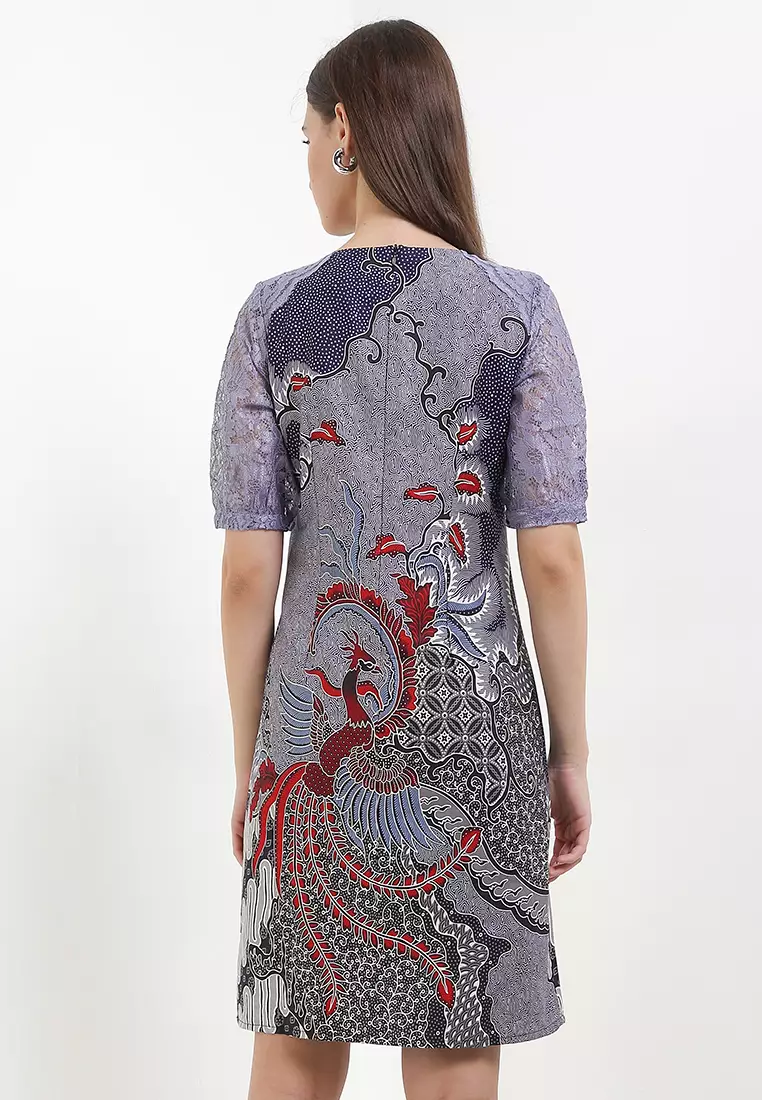 Dress Wanita Batik Furing Lining Vencia Brokat Lengan Pendek Purple