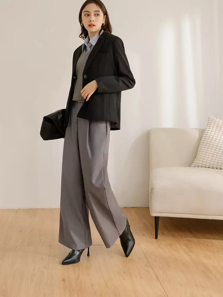 High-Waisted Solid Color Wide-Leg Suit Pants [BA7333]
