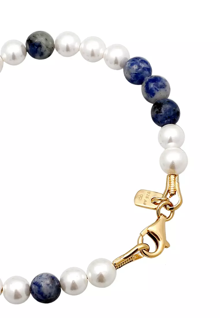 Bracelet Men Ball Agate Blue White Shell Pearls Gold Plated